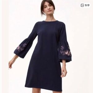 LOFT navy blue embroidered floral bell sleeve shift dress